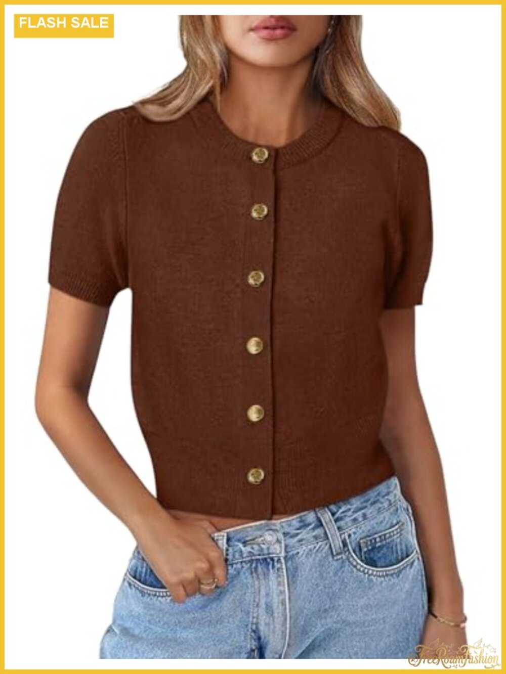 Womens Summer Short Sleeve Button Down Knit Cardigan Crop Top